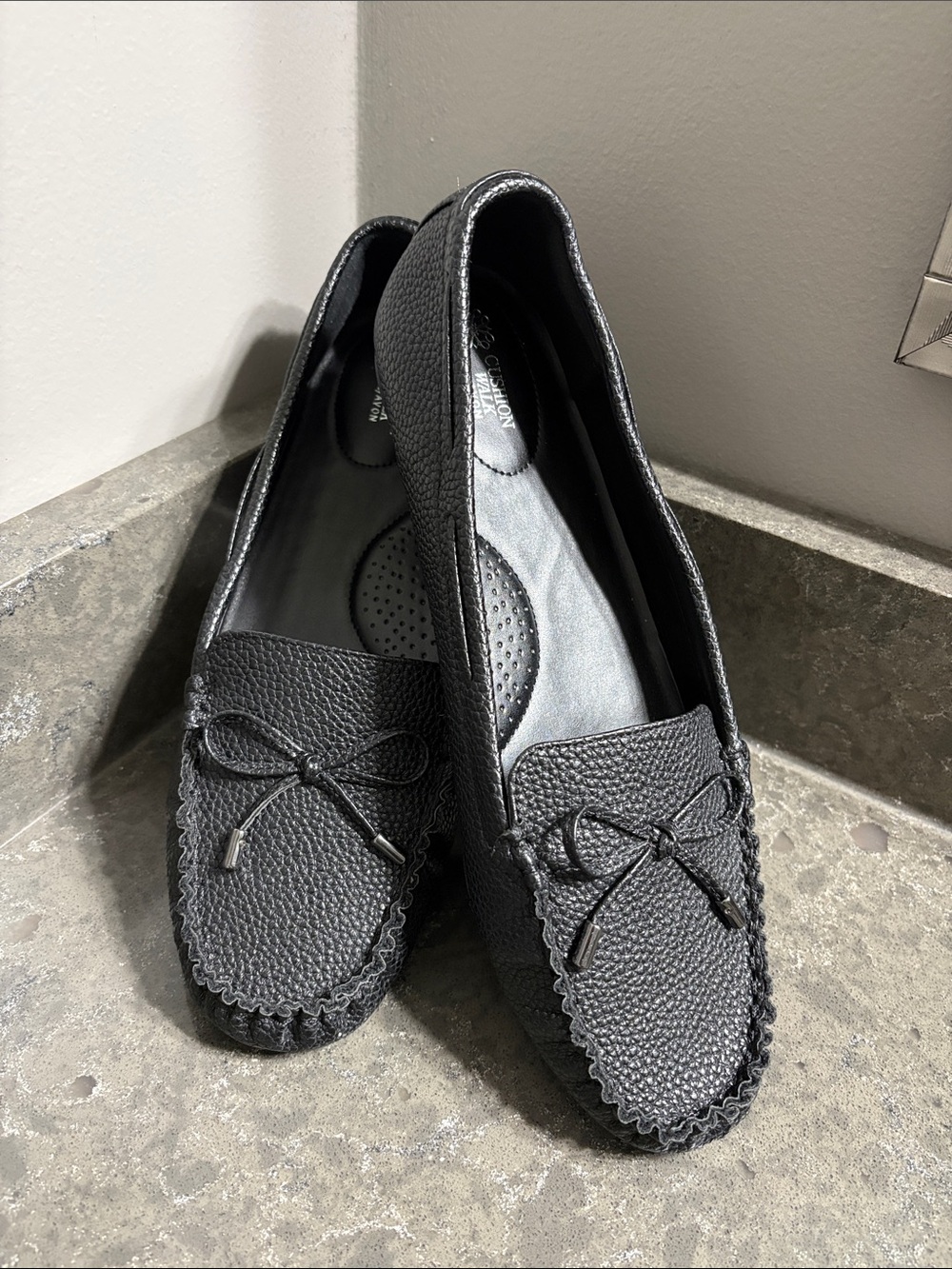 Black Textured Leather Moccasin Loafers - Comfortable Everyday Flats